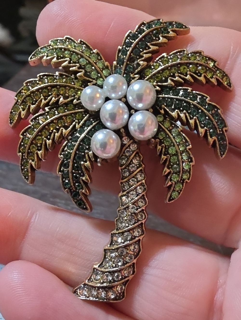 A155- Gold Palm Tree Brooch with Green Crystals and Pearls